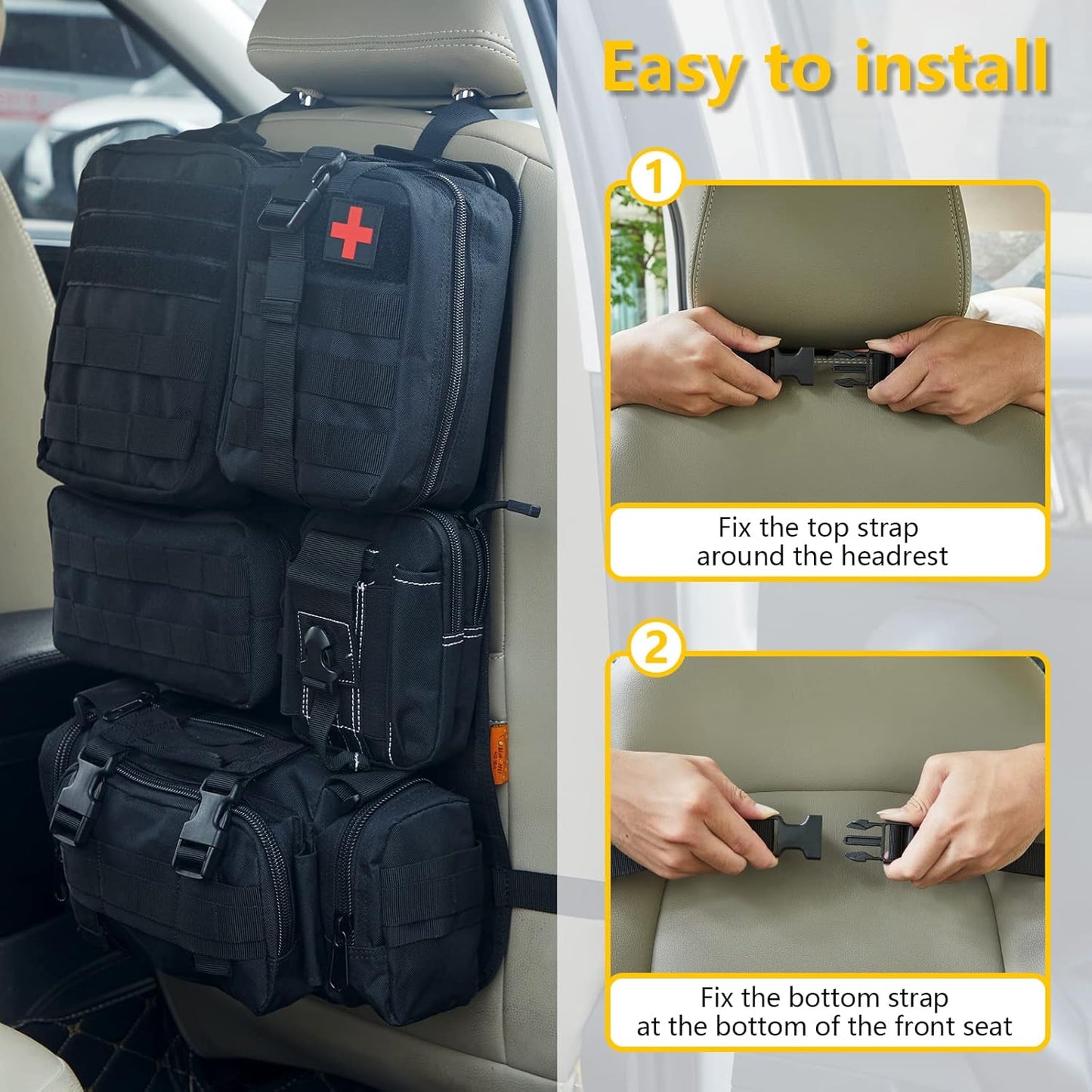Universal Tactical Seat Back Organizer Vehicle Molle Panel Organizer Storage Bag with 5 Detachable Molle Pouch for All Vehicel Such as Jeep,Truck,SUV, Car, Ford,Chevy etc