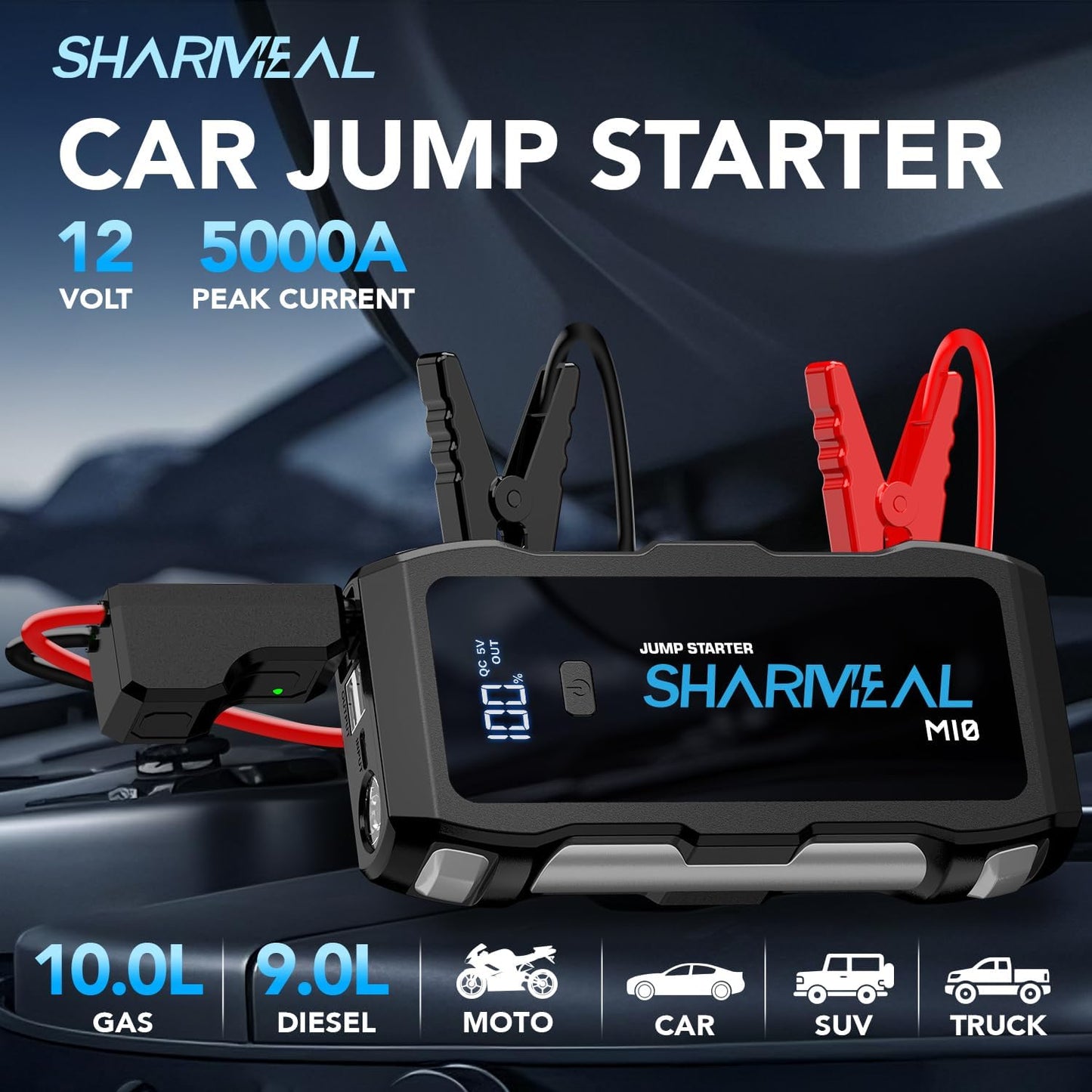 Jump Starter 5000A, 12V Car Battery Jump Starter with USB Quick Charge (Up to 10.0L Gas or 9.0L Diesel Engine), Battery Booster with 3 Modes Flashlight and Jumper Cable