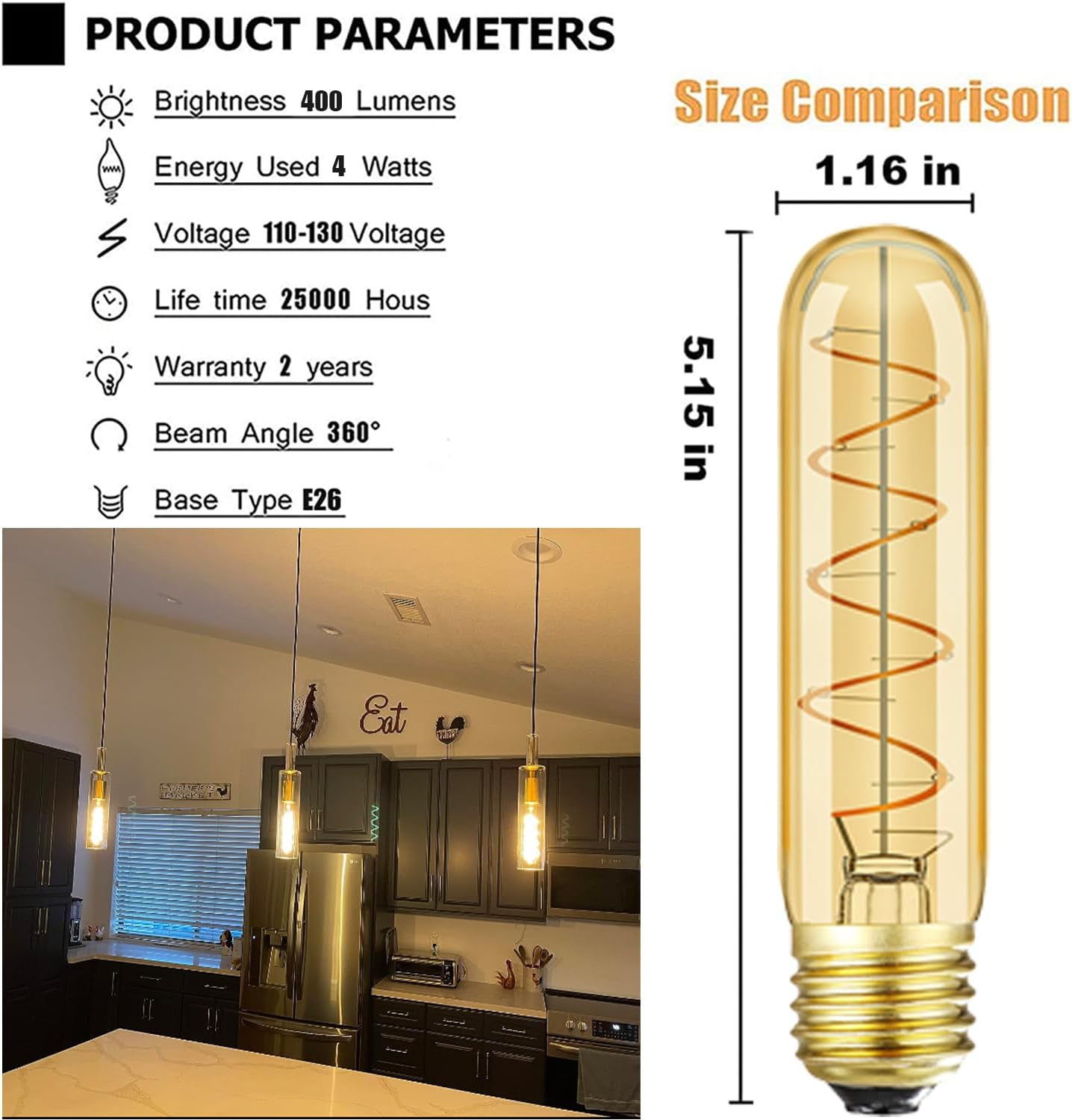Leools Vintage T10 LED Edison Light Bulb Super Thin Filament, 40 Watt Warm Light Vanity Night Amber Bulbs, Dimmable Tubular Incandescent E26 LED Edison Bulb 40W Warm Warm 2200K, 6 Pack