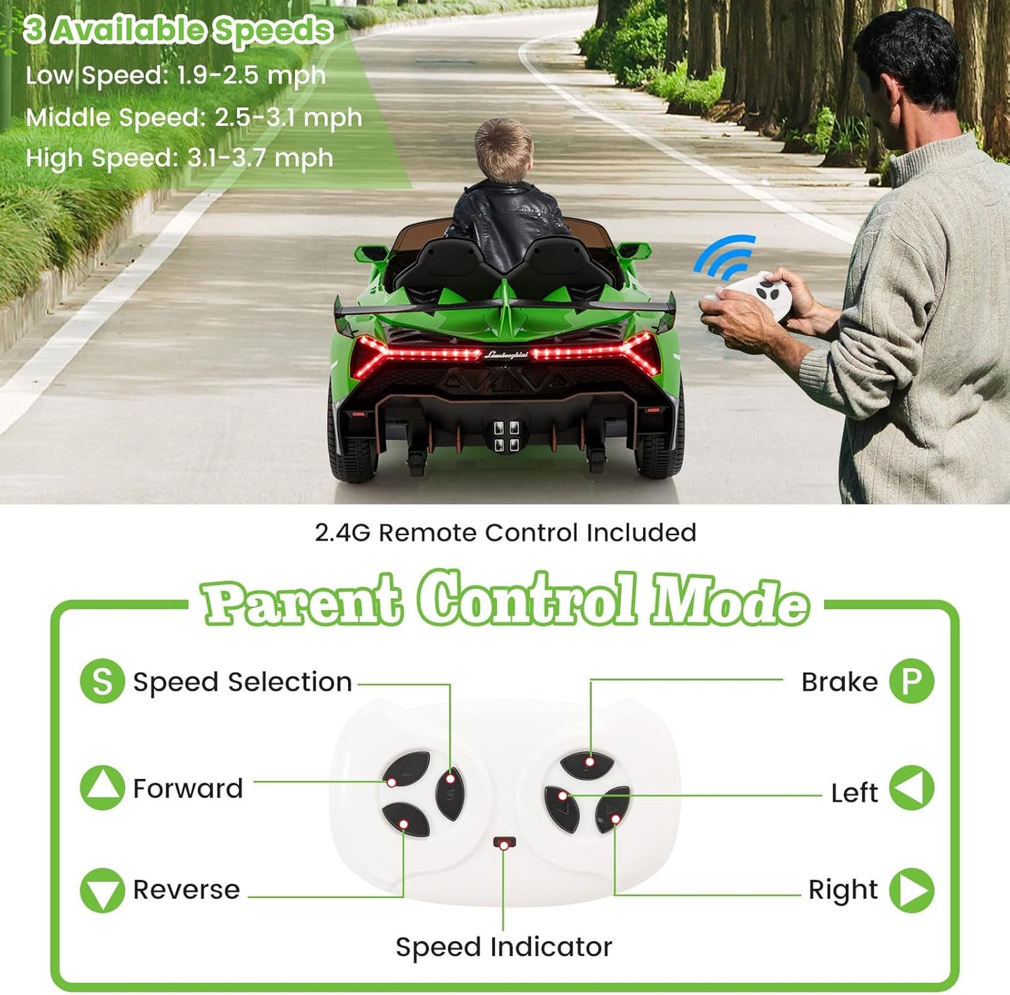 Costzon Ride on Car, Lamborghini Licensed 12V Battery Powered 4WD Sports Car with Remote Control, 3 Speeds, Hydraulic Doors, LED Lights, Towing Wheel, Horn, Music, Electric Vehicle for Kids Aged 3-8