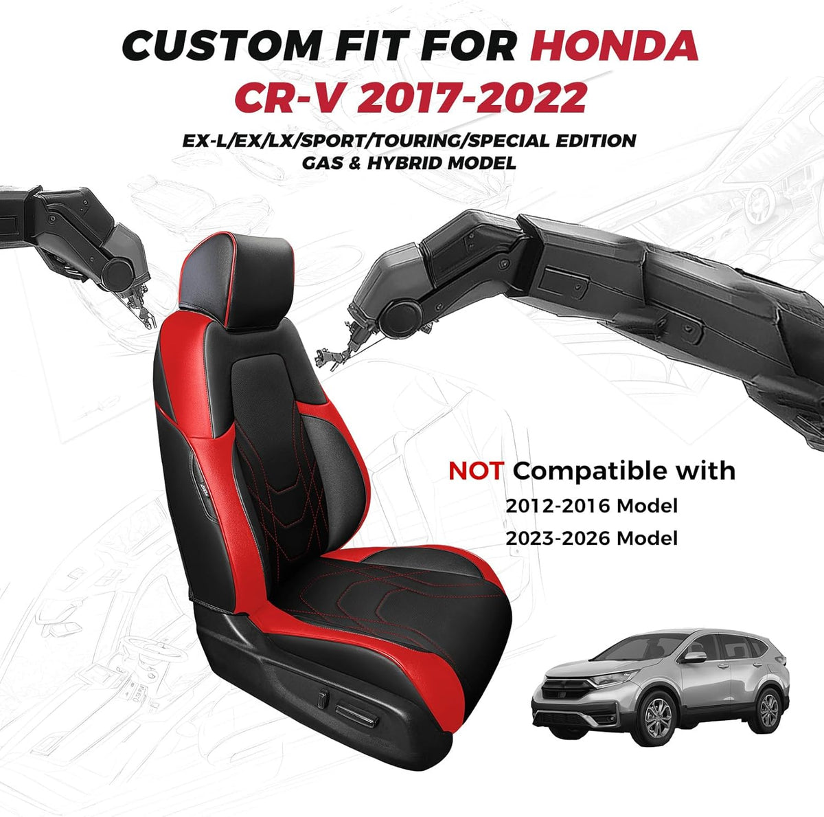 FREESOO CRV Seat Covers Full Set, for Honda CRV LX EX EX-L Sport Touring Hybrid 2017 2018 2019 2020 2021 2022, Custom Fit Seat Covers for CRV, Waterproof Leather Car Seat Covers, Black & Red