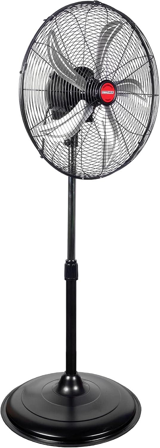 OEMTOOLS OEM24871 20" Oscillating Pedestal Fan, Adjustable Height for Garage, Shop, Gym, Warehouse 4500 CFM Airflow, 3-Speed Enclosed Motor, 5 Aluminum Blades, Dust-Resistant Industrial Purpose