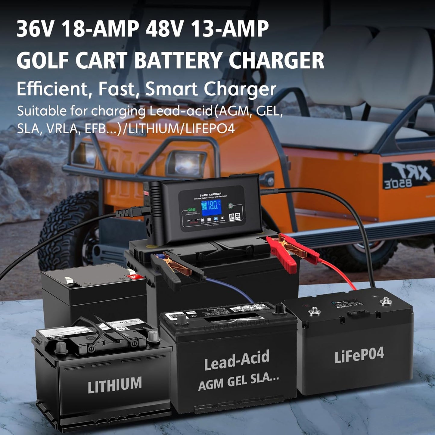 Golf cart Battery Charger, 36V 18A and 48V 13A Trickle Charger,36 Volt Golf Cart Charger,for Club Car,EZGO & Yamaha,Lithium,LiFePO4,Lead-Acid AGM/Gel/SLA..Battery Chargers,Crowfoot Plug