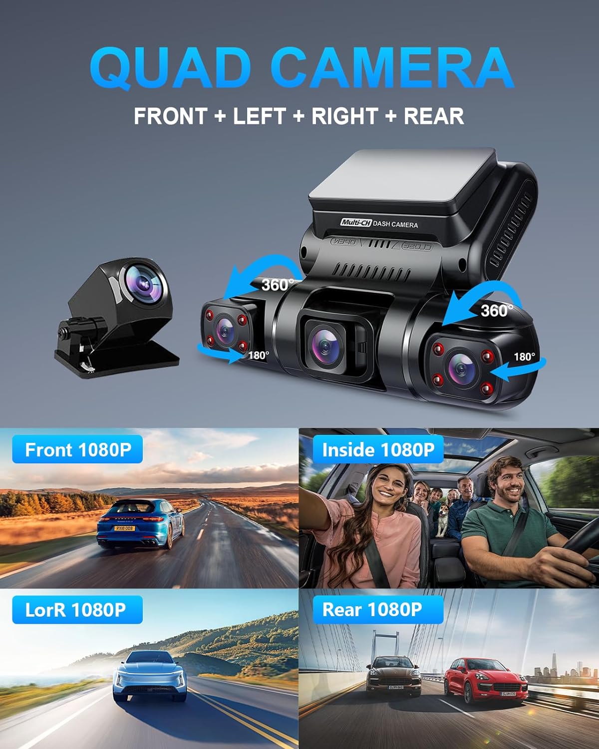 PRUVEEO 360 Degree View 4 Channel Dash Cam Front and Rear Inside Left Right, Dash Camera for Cars, Built-in GPS WiFi Night Vision, 24/7 Recording Parking Mode Monitor, Free 128G Card