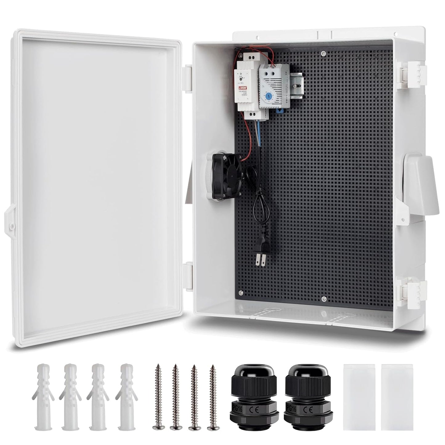 Outdoor Electrical Junction Box, ABS Water Resistant Enclosure with Internal Mounting Panel & Hinged Cover (16"H* 12"L* 5.9"W & Thermostat)