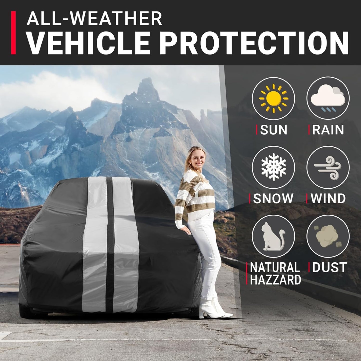iCarCover Custom Car Cover for Pontiac Grand Prix (1973-1977) Waterproof All-Weather Rain Snow UV Sun Protector Full Exterior Indoor Outdoor Car Cover (Stripe - Black/Gray)