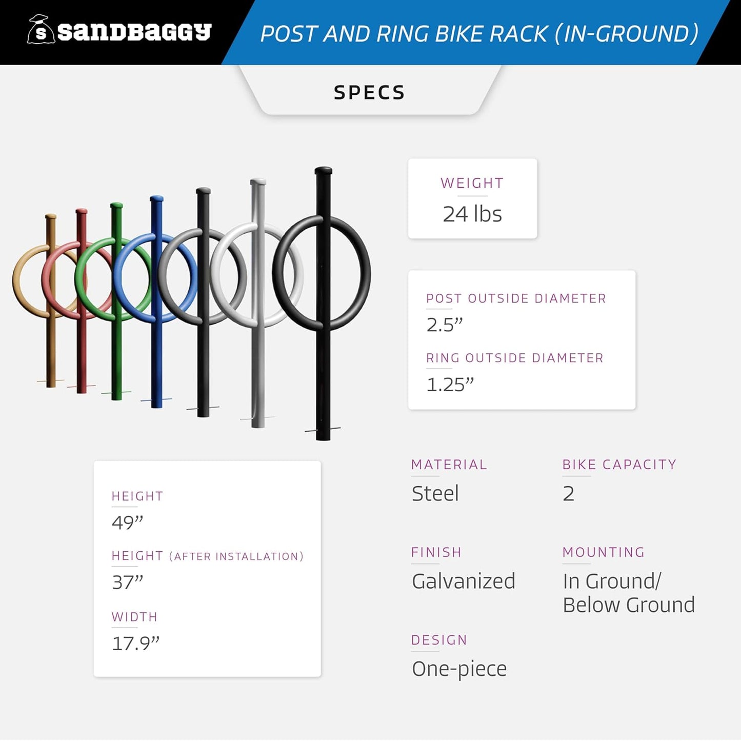 Sandbaggy Post and Ring Rack - In Ground - Commercial Outdoor Bike Parking & Storage Racks (Gray, 1)