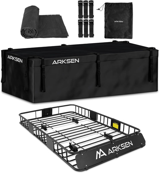 ARKSEN 64 x 39 x 6 Inch Universal 150LB Heavy Duty Roof Rack Cargo with 500D PVC Waterproof Cargo Bag, Car Top Luggage Holder Carrier Basket for SUV, Truck or RV Camping Storage Steel Construction