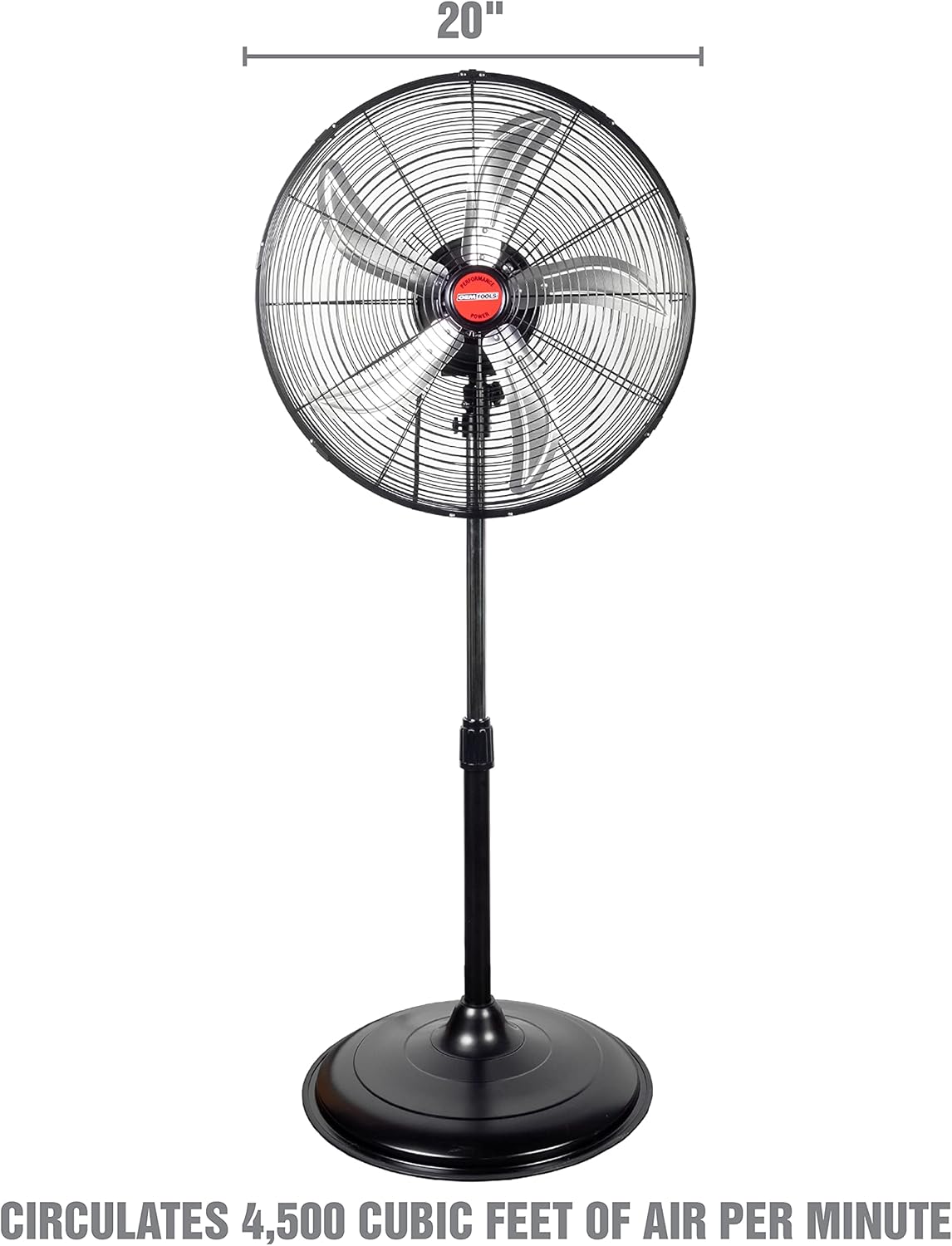 OEMTOOLS OEM24871 20" Oscillating Pedestal Fan, Adjustable Height for Garage, Shop, Gym, Warehouse 4500 CFM Airflow, 3-Speed Enclosed Motor, 5 Aluminum Blades, Dust-Resistant Industrial Purpose