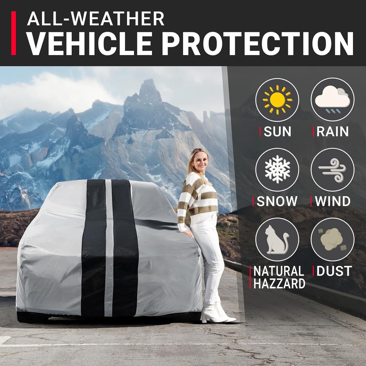 iCarCover Custom Car Cover for Pontiac Ventura II (1971-1977) Waterproof All-Weather Rain Snow UV Sun Protector Full Exterior Indoor Outdoor Car Cover (Stripe - Gray/Black)