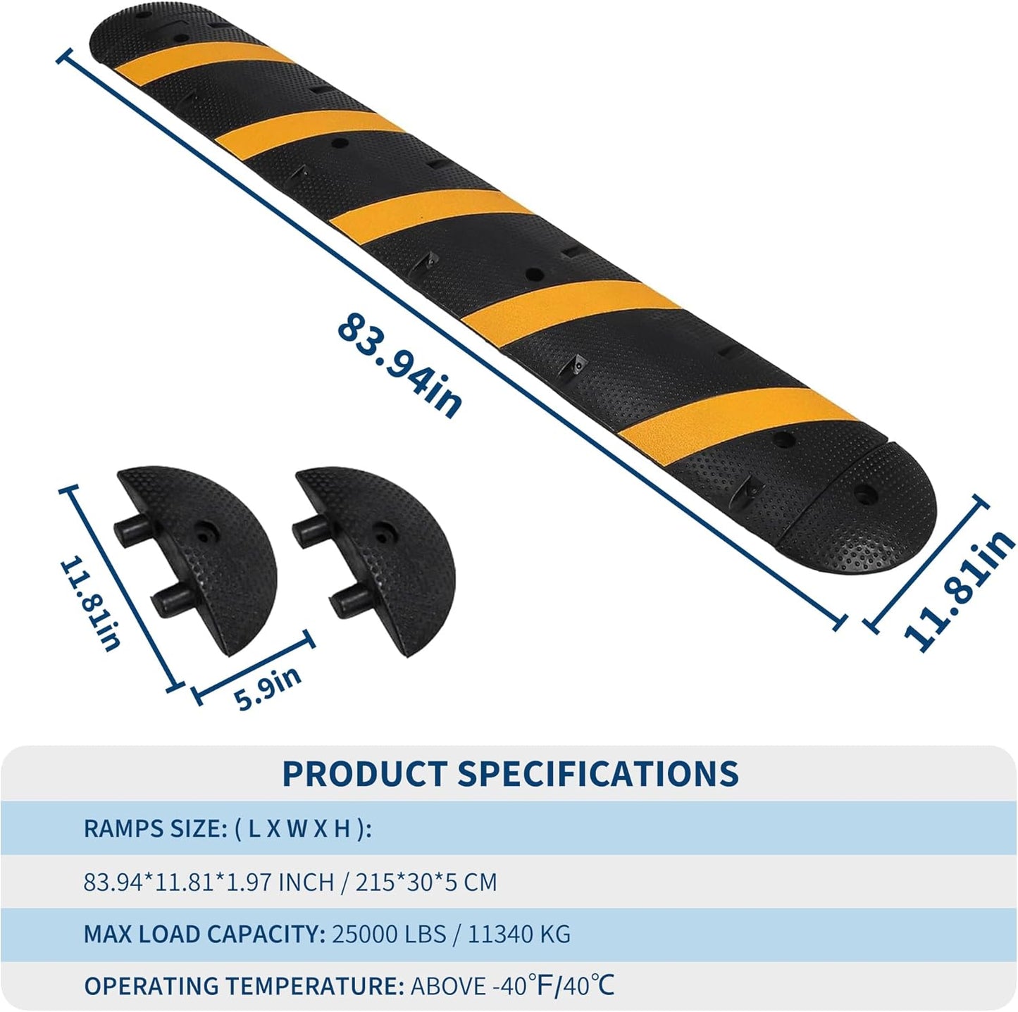 6 ft Speed Bumps Wite End for Road, Heavy-Duty 25,000 LBS Capacity Traffic Rubber Speed Humps with 2 Channel Floor Cord Cover for Asphalt Concrete Gravel Driveway Road