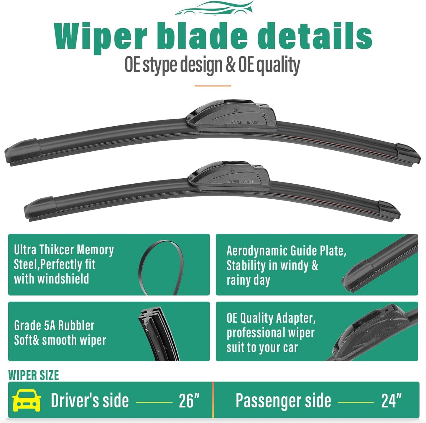 26" 24" 16" Windshield Wiper Blades Replacement for Honda Passport 2019 2020 2021 2022 2023 Premium All Weather Front Rear Wipers Set - OEM Quality (Pack of 3)