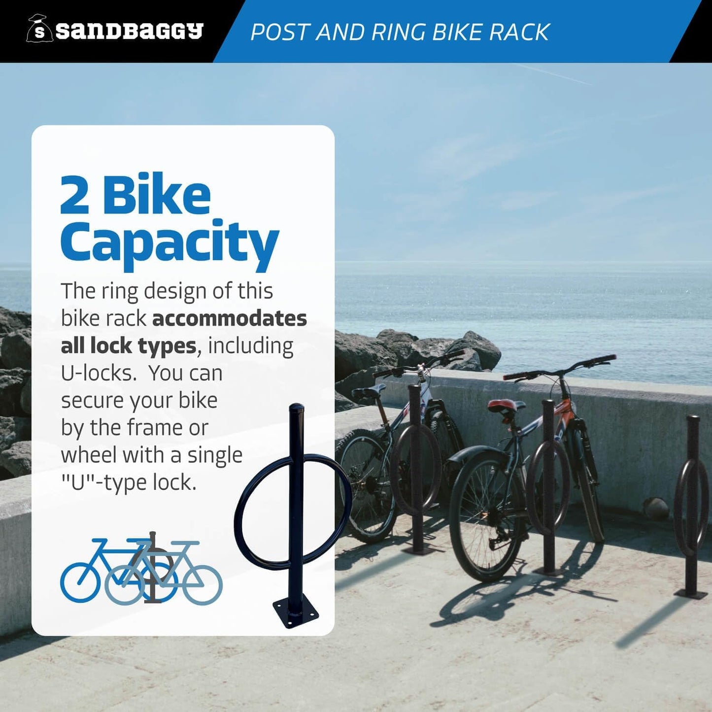 Sandbaggy Post and Ring Bike Rack - Commercial Bike Racks - Galvanized Steel - Anti-Theft Design - In Ground, Apartments, Sidewalks, Industrial (Blue, 2)