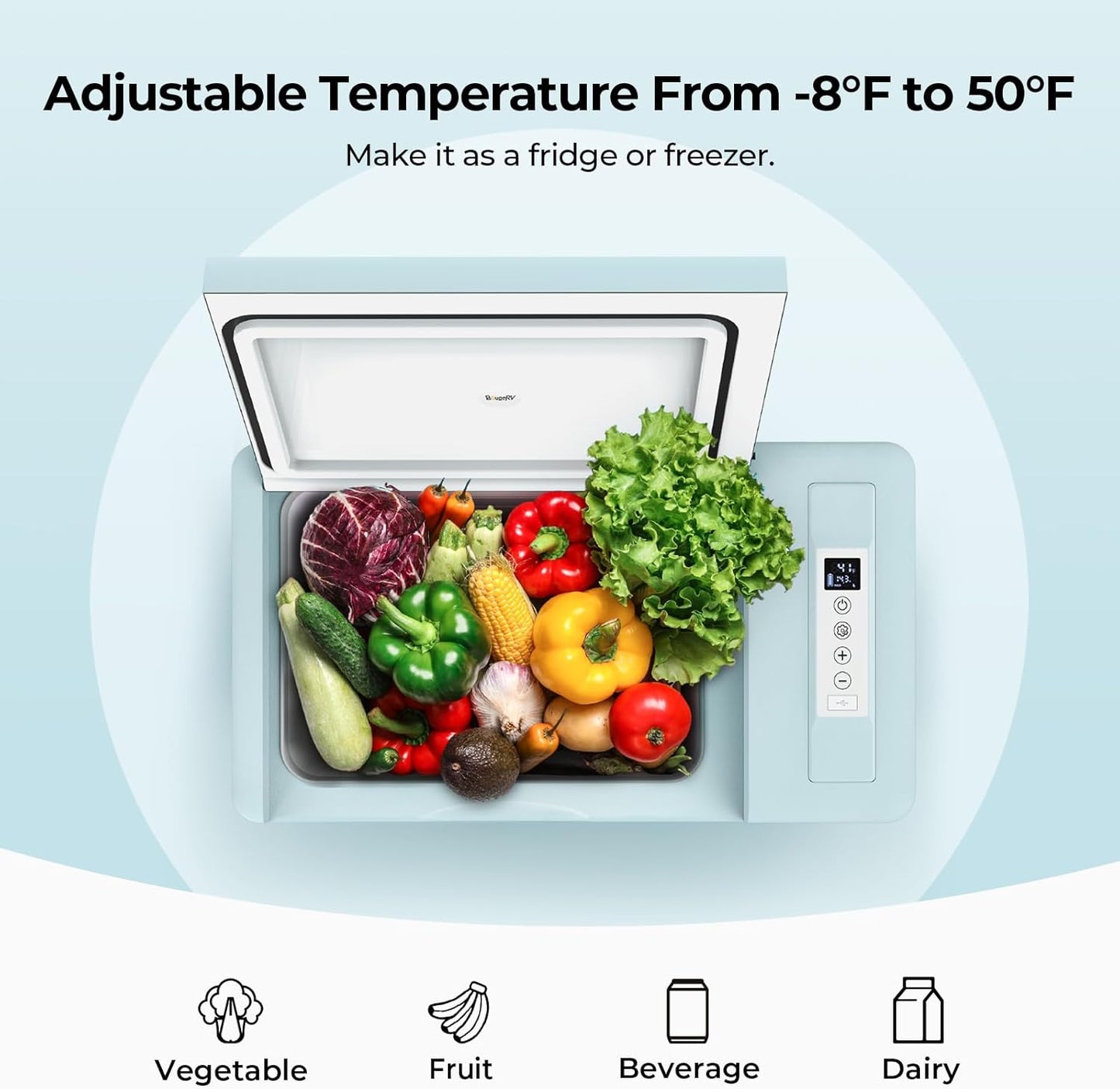 BougeRV Green 23Quart Portable Refrigerator, 12 Volt Fridge 22L, Portable Freezer Compressor Cooler 12/24V DC 110~240 Volt AC for Truck Van RV Camper -8℉~50℉