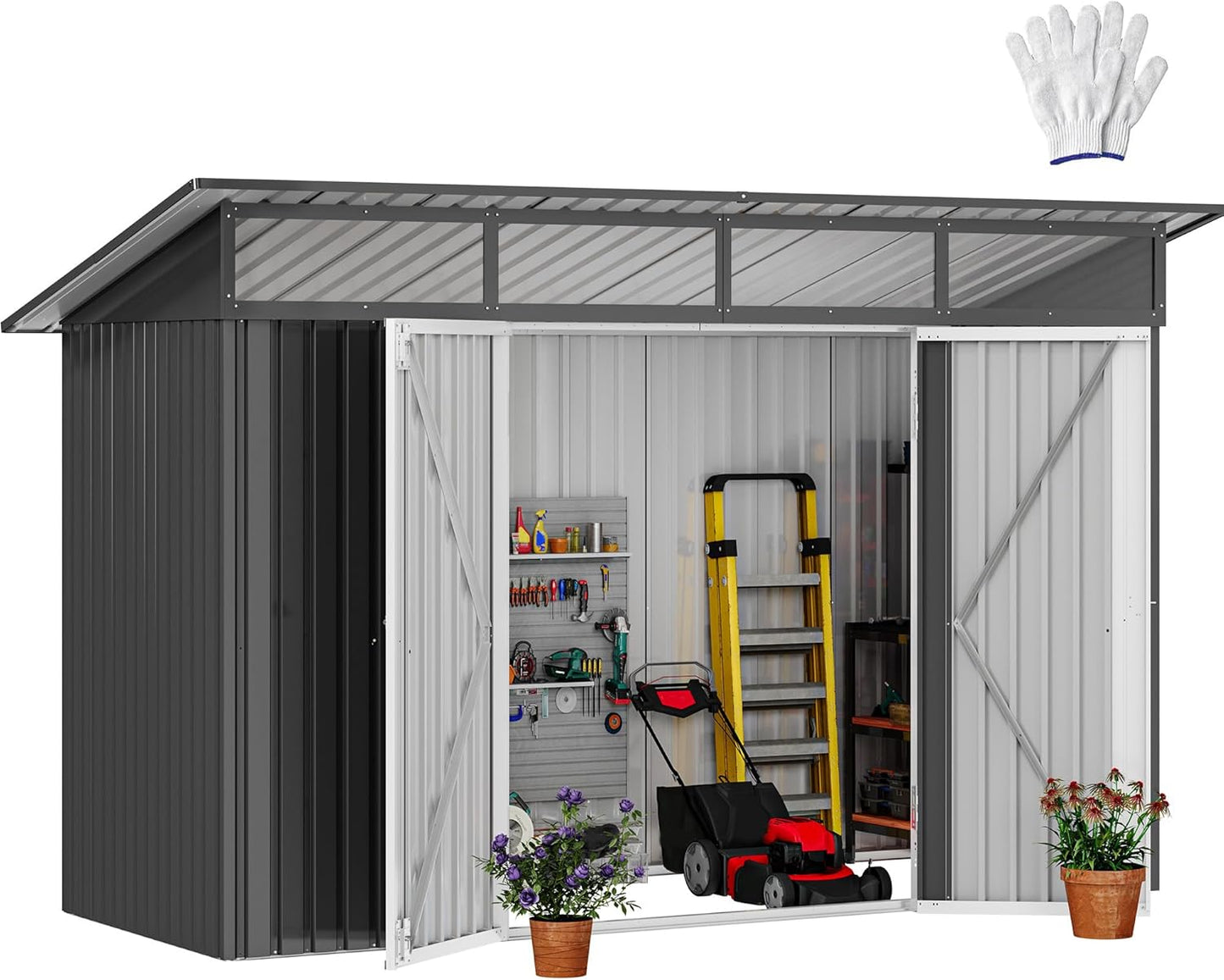 DWVO 9x4 FT Storage Shed for Bicycle, Functional Metal Tool Shelter Garden Storage Unit with Acrylic Windows, Secure Entry Lock, Water-Resistant Waste Enclosure for Outdoor Patio Garden(Dark Gray)