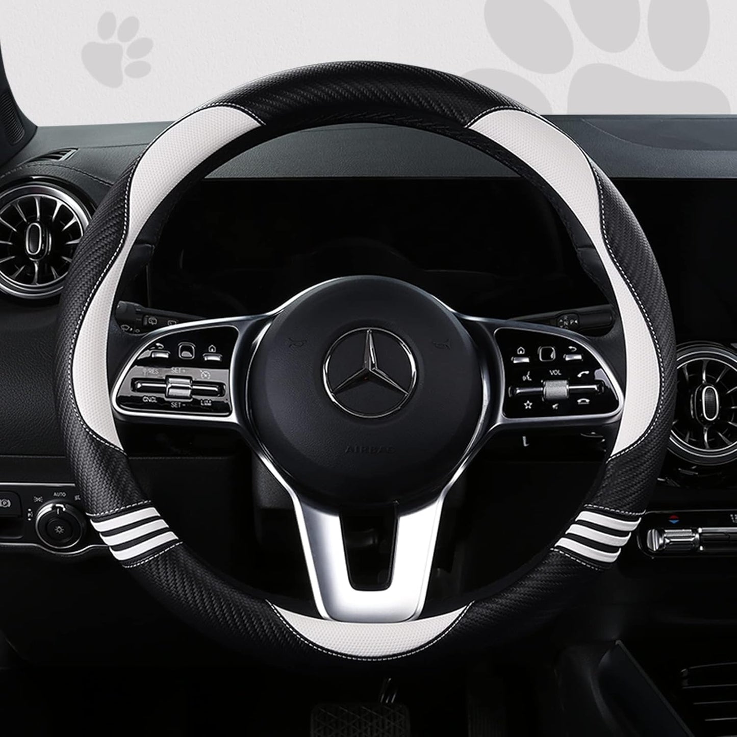 Car Steering Wheel Covers for Women Padded Carbon Fiber PU Leather Cute Auto Interior Accessories for Vehicle, Sedan, Universal, Anti Slip, White, Standard Size 14.5-15"(37-38cm)