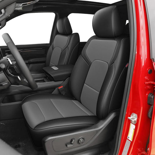 AOMSAZTO Custom Fit Seat Covers for Ram 1500: 2019 2020 2021 2022 2023 2024 2025 Faux Leather Car Seat Covers Full Set Black+Gray