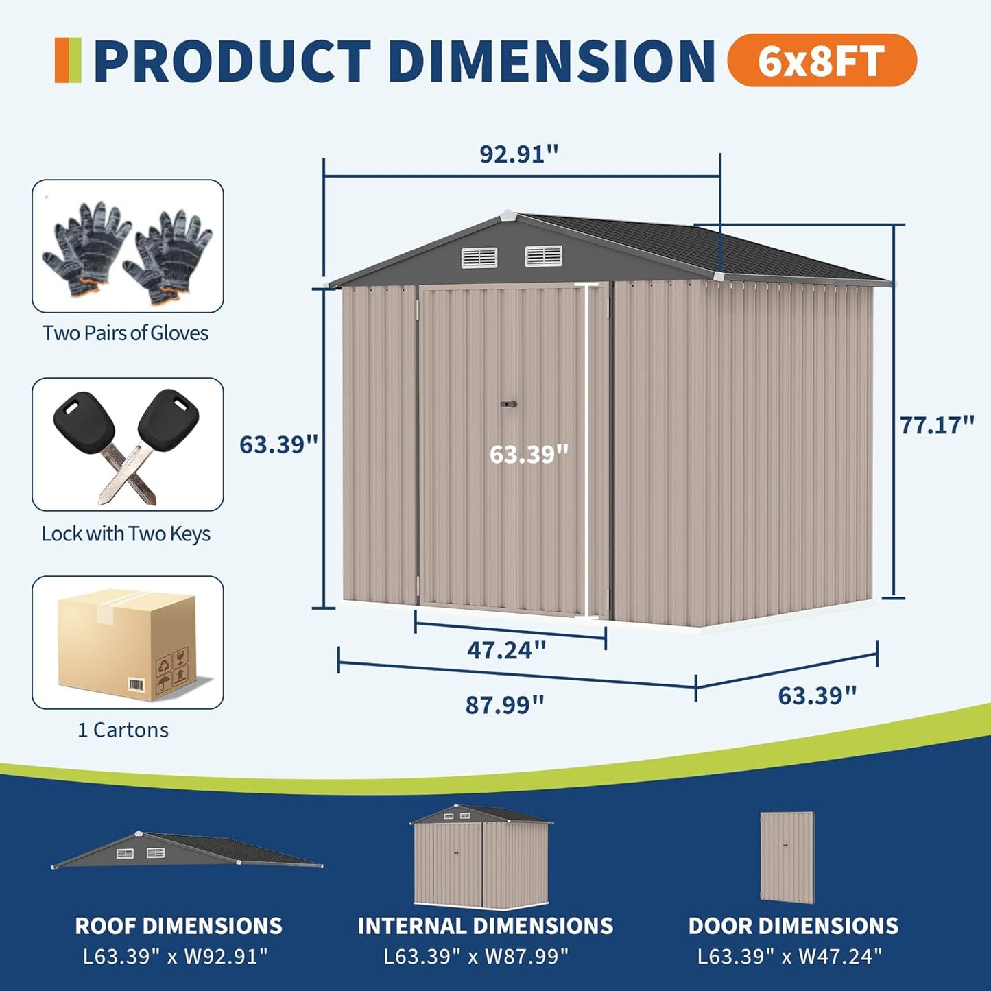 6x8x6.4 FT Outdoor Storage Sheds with Floor, Metal Garden Tool Shed for Backyard, Large Metal Sheds Outdoor Storage With Lockable Doors & Air Vents for Backyard Garden Patio Lawn