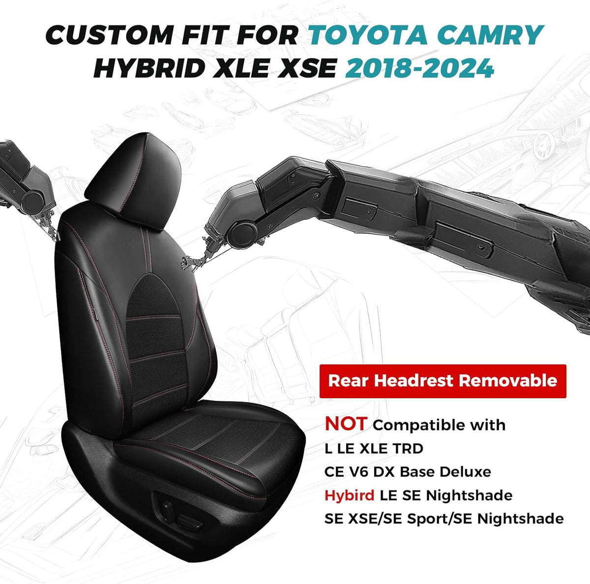 for Toyota Camry Seat Covers Hybrid XLE XSE 2018 2019 2020 2021 2022 2023 2024 - Custom Car Seat Cover Full Set, Leather Seat Cover for Cars, Waterproof Breathable Cushion Protector Black Red
