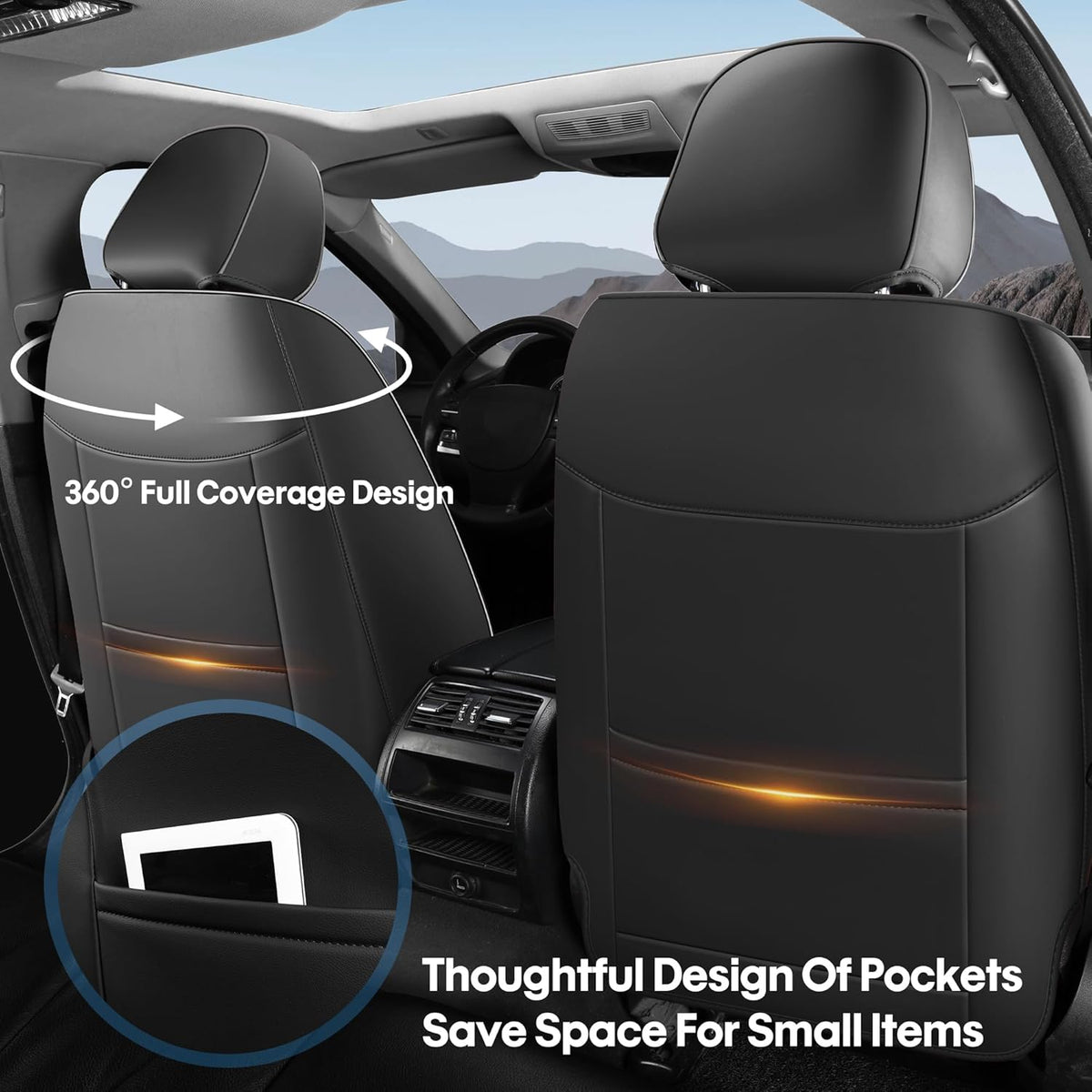 AOOG Front Seat Covers, Car Seat Covers Front Seats, Leather Seat Covers for Cars, Waterproof Seat Covers with Lumbar Support Universal Fit for Most Cars SUV Trucks(Front Pair, Black)