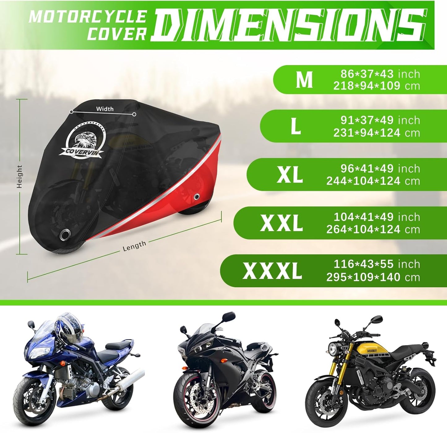 COVERVIN Motorcycle Cover, All Weather Outdoor Waterproof Night Protection with Reflective Strips, Locking Holes and Storage Bag for 104 Inch Suzuki, Kawasaki, Honda, Harley-Davidson(Red XXL)