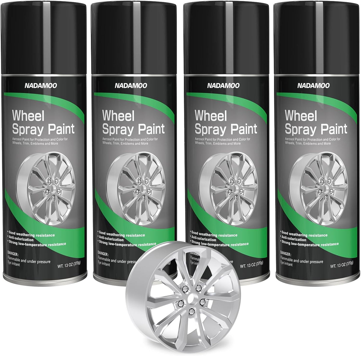 NADAMOO Aluminum Wheel Spray Paint, Semi-gloss Aerosol Car Rim Paint for Recolor and Protection of Metal Surface, Silver, 4 Cans, 13 Oz Per Can