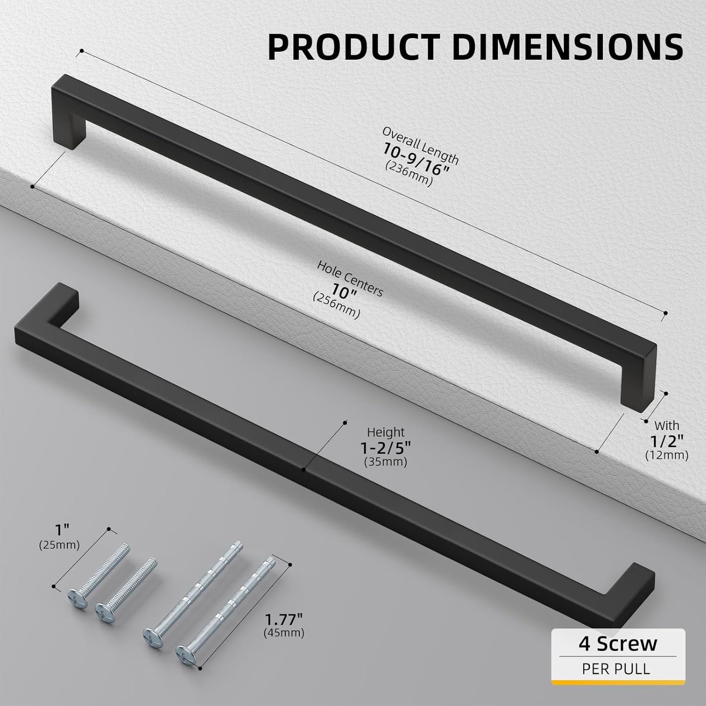 Goldenwarm 1 Pack Black Square Bar Cabinet Pull Drawer Handle Stainless Steel Modern Hardware for Kitchen and Bathroom Cabinets Cupboard,Center to Center 10in(256mm)