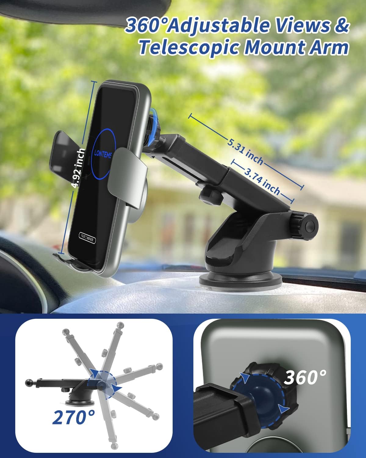 15W Car Mount Charger Qi Fast Wireless Charging Phone Mount, Windshield Dashboard Air Vent Auto Clamping Phone Holder for iPhone 11 12 13 14, 15, 16 Max Xs, Samsung S21 S22, S20, S10+ etc, Google Grey