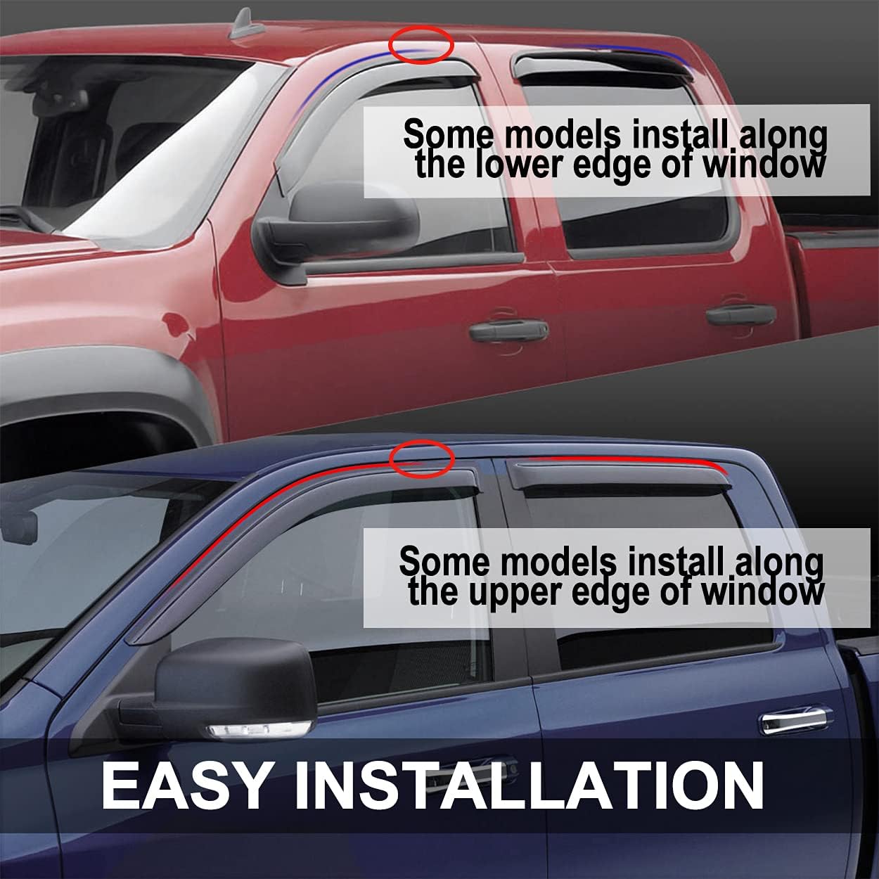 94039 Side Window Wind Vent Deflector, 4pcs Out-Channel Tape-On Dark Smoke Nice Rain Guards Set, Window Visor fit for 2007-2016 Mitsubishi Lancer