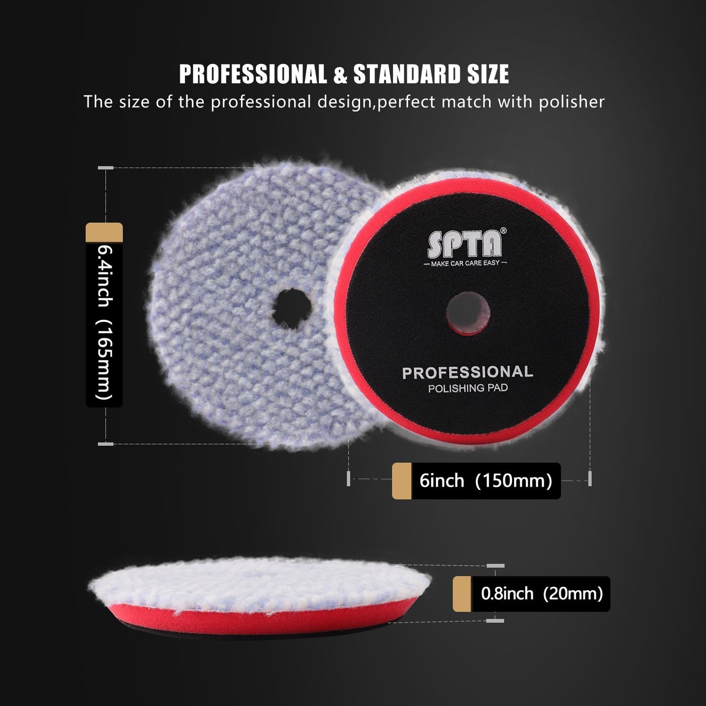 SPTA Wool Polishing Pad, 2Pcs 6''(150mm) Coarse Wool Cutting Pad, Coarse Pad BlueWool Buffing Pads Set with Hook and Loop for Heavy Cut for Car Polisher, Buffing and Polishing