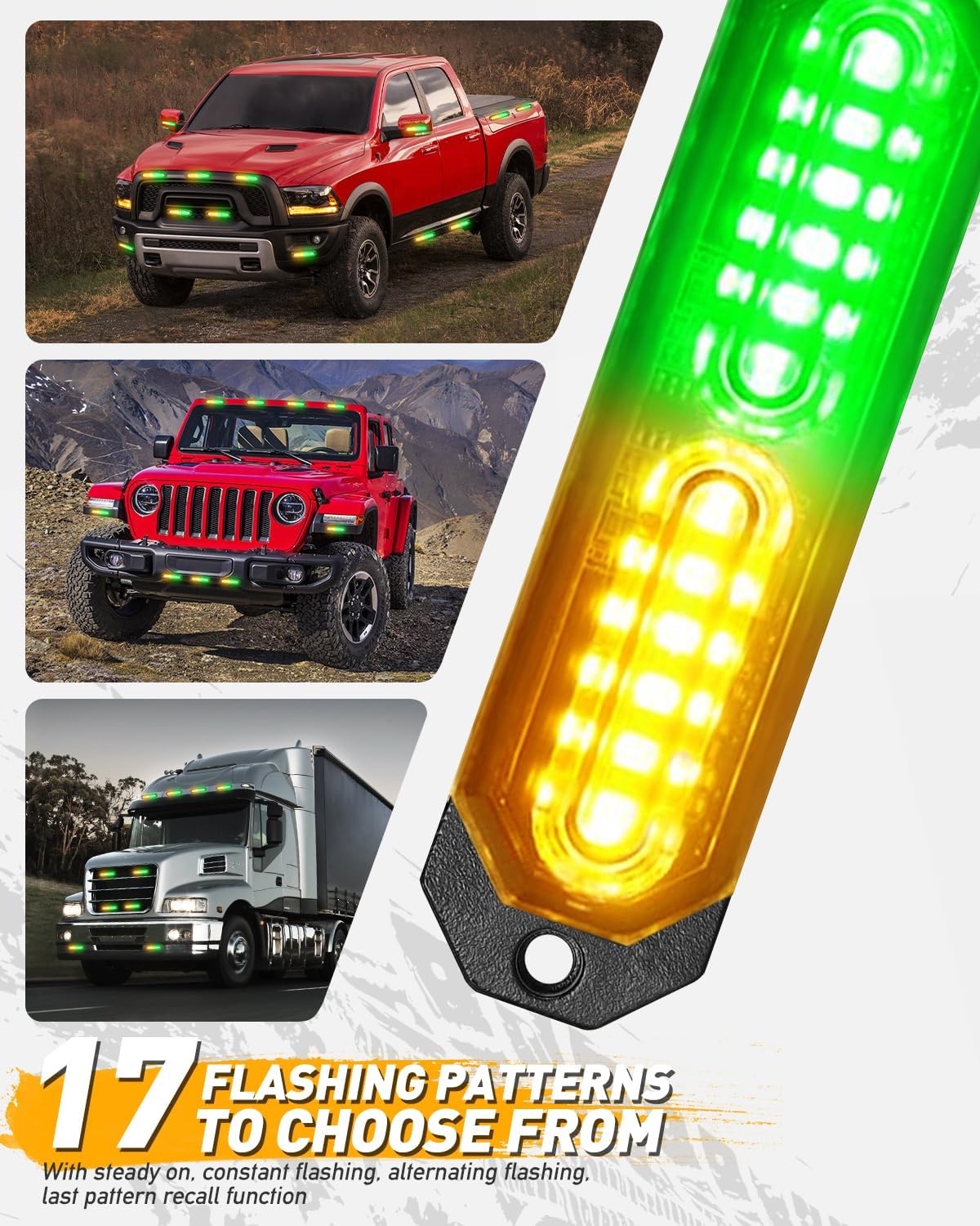 HLauto 1200T Emergency Strobe Grille Lights: 8pcs 12 LED Sync Feature Safety Warning Flashing Lights, Ultra Slim Surface Mount Hazard Caution Lights for Trucks, Vehicles, Car, ATV, UTV (Amber Green)