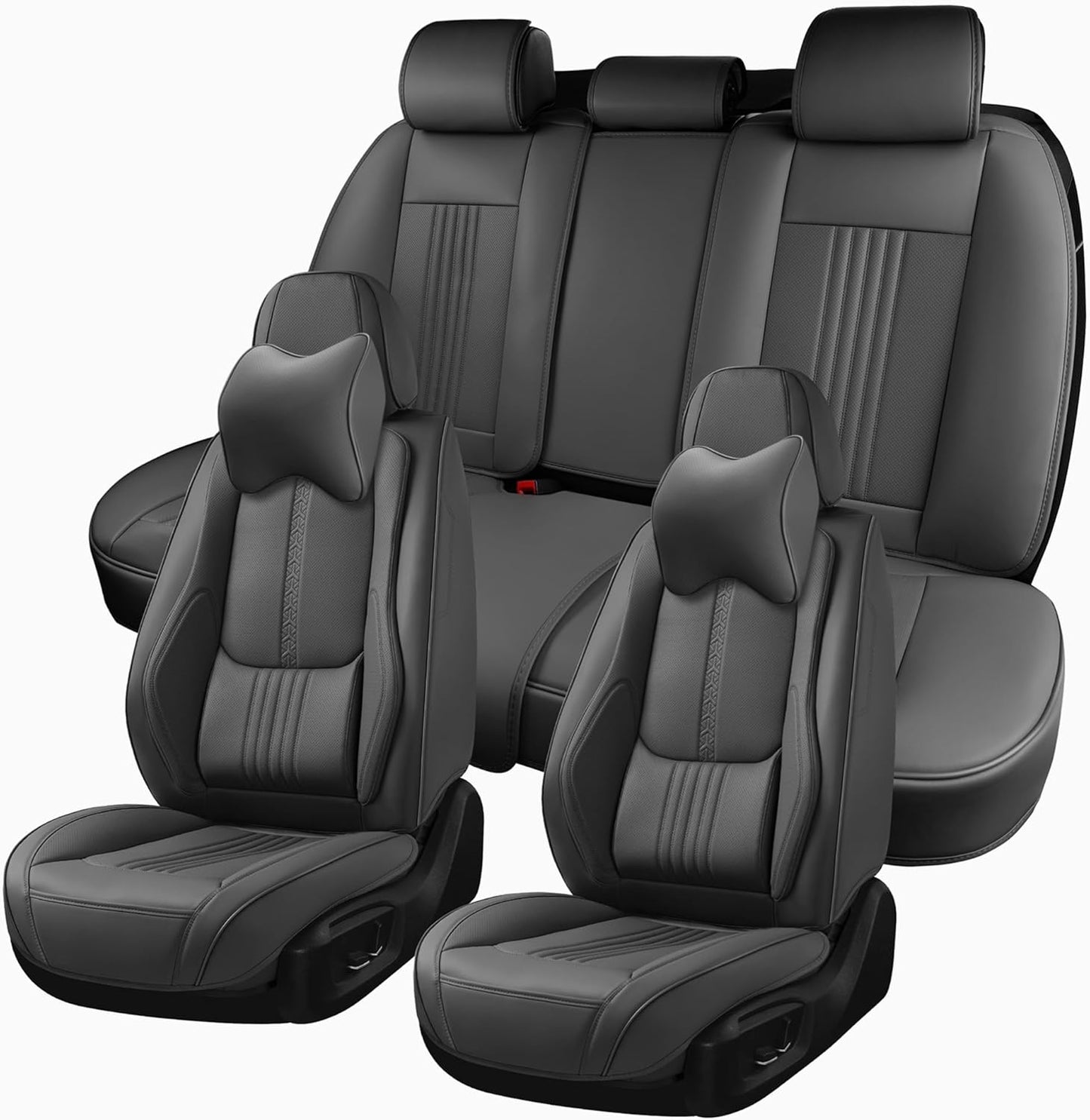 Car Seat Covers Full Set, Front and Rear Seat Covers for Cars, Waterproof Leather Auto Seat Protectors with Head Pillow, Car Seat Cushions Fit for Most Sedans SUV Pick-up Truck, Gray