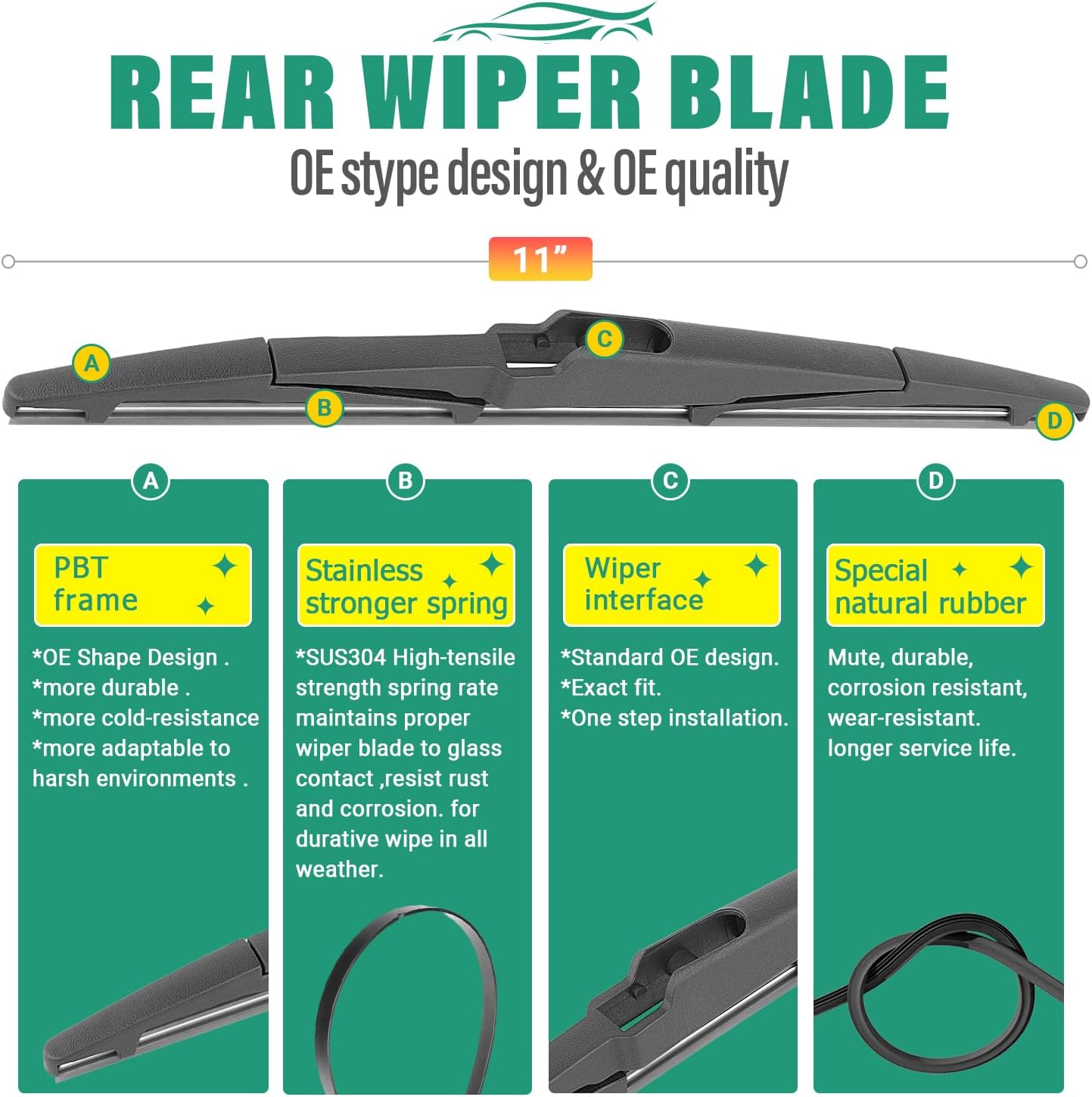 26" 16" 11" Windshield Wiper Blades Replacement for Kia Sportage 2017 2018 2019 2020 2021 2022 Premium All Weather Front Rear Wipers Set - OEM Quality (Pack of 3)