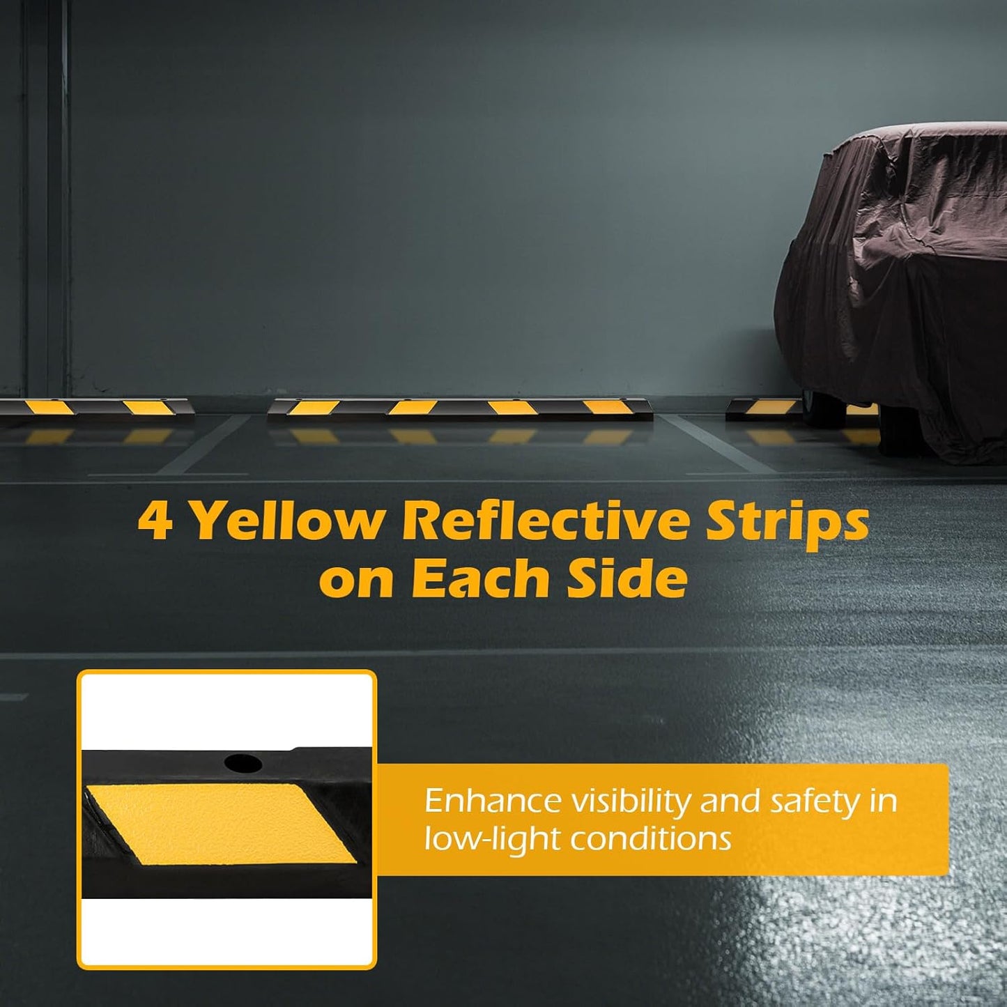 Rubber Parking Curb Garage Floor Stopper, 72" Heavy Duty Parking Lot Stopper with Yellow Reflective Stripes, Guide Wheel Stopper for Car, Truck, RV, Trailer, Driveway (1 Pack