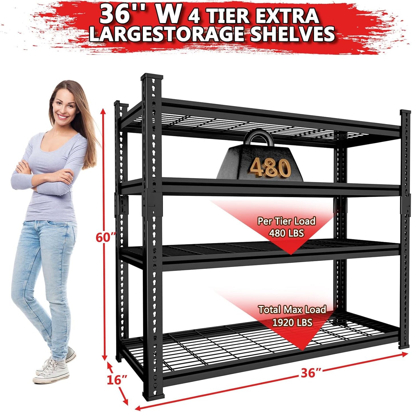 Storage Shelves 2PCS, Garage Shelving Heavy Duty 1920LBS Capacity, 36"L x 16"W x 60"H Adjustable Metal Shelving Organizer Wire Rack, 4 Tier Utility Shelf Unit for Pantry Closet Warehouse Organization