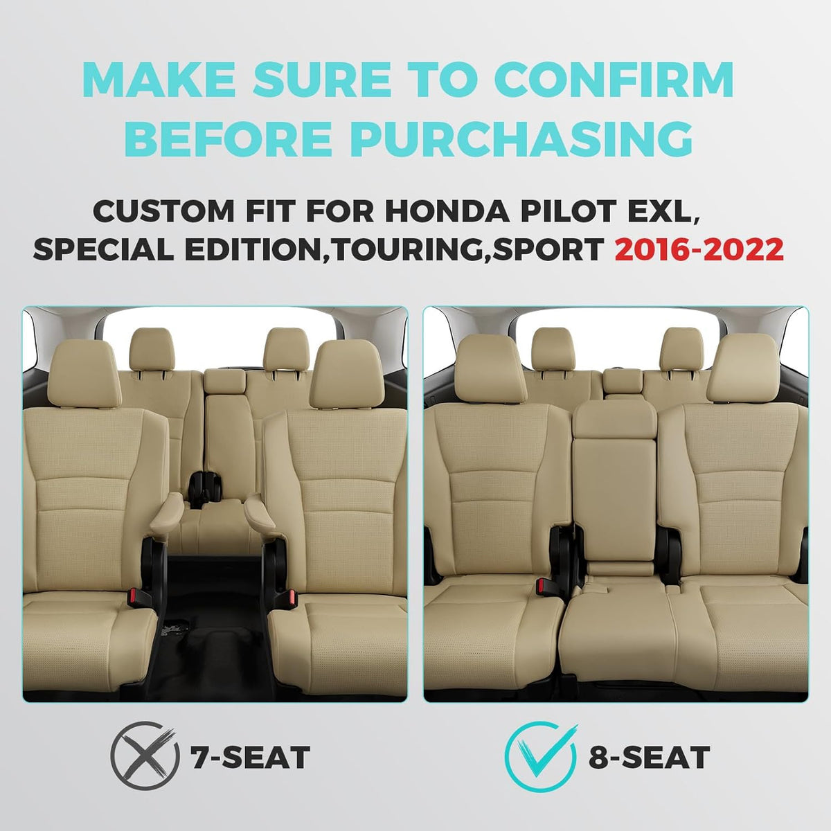 for Honda Pilot Seat Covers,Car Seat Protectors Full Set Custom Fit Pilot EX-L, Special Edition, Touring, Sport 2016 2017 2018 2019 2020 2021 2022-8 Seats, Full Coverage Waterproof, Beige
