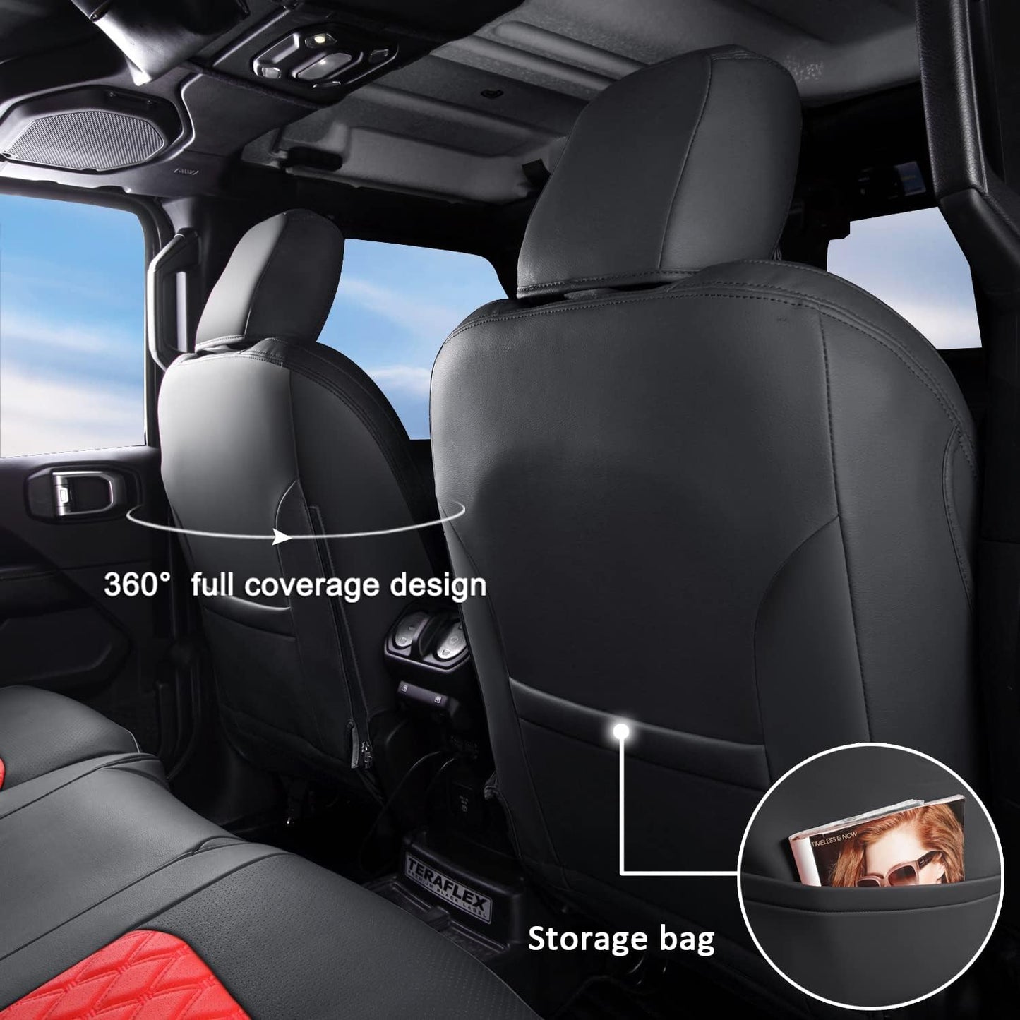 GIANT PANDA Fit Full Set Car Seat Covers for Jeep Wrangler 4 Door JL Sahara Sport Rubicon Unlimited Willys 2018 2019 2020 2021 2022 2023 2024 2025 Without Rear Cup Holder,Faux Leather (Black+Red)