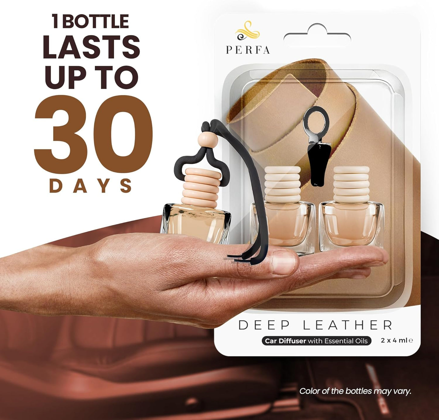 Deep Leather Car Air Freshener for Men | Pack of 2 Long Lasting Automotive Air Freshener | Odor Eliminator Car Perfume with Essential Oils | Car Air Freshener Vent Clip by Perfa