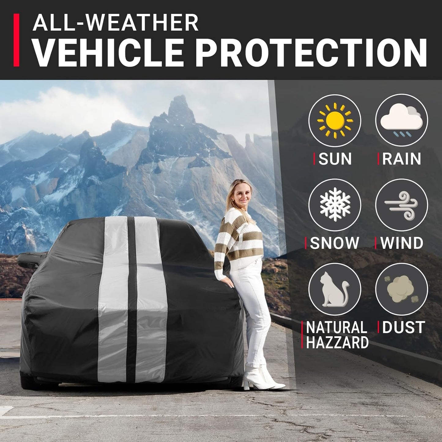 iCarCover Custom Car Cover for Buick Park Avenue (1997-2005) Waterproof All-Weather Rain Snow UV Sun Protector Full Exterior Indoor Outdoor Car Cover (Stripe - Black/Gray)