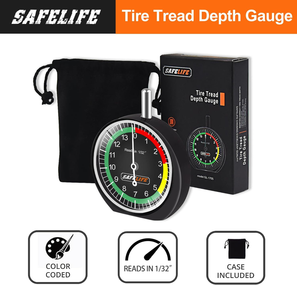 SAFELIFE Tire Tread Depth Gauge, Dial Type Tire Tread Depth Gauge Professional for Motorcycle, Car,Truck and Bus,Easy Reading Tyre Tread Depth Gauge in 32nds