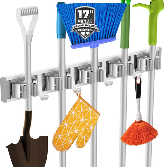 Broom Holder Wall Mount Mop and Broom Hanger Wall Mounted Garage Storage Rack Kitchen Garden Tool Organizer (5 Racks with 4 Hooks, Silver)