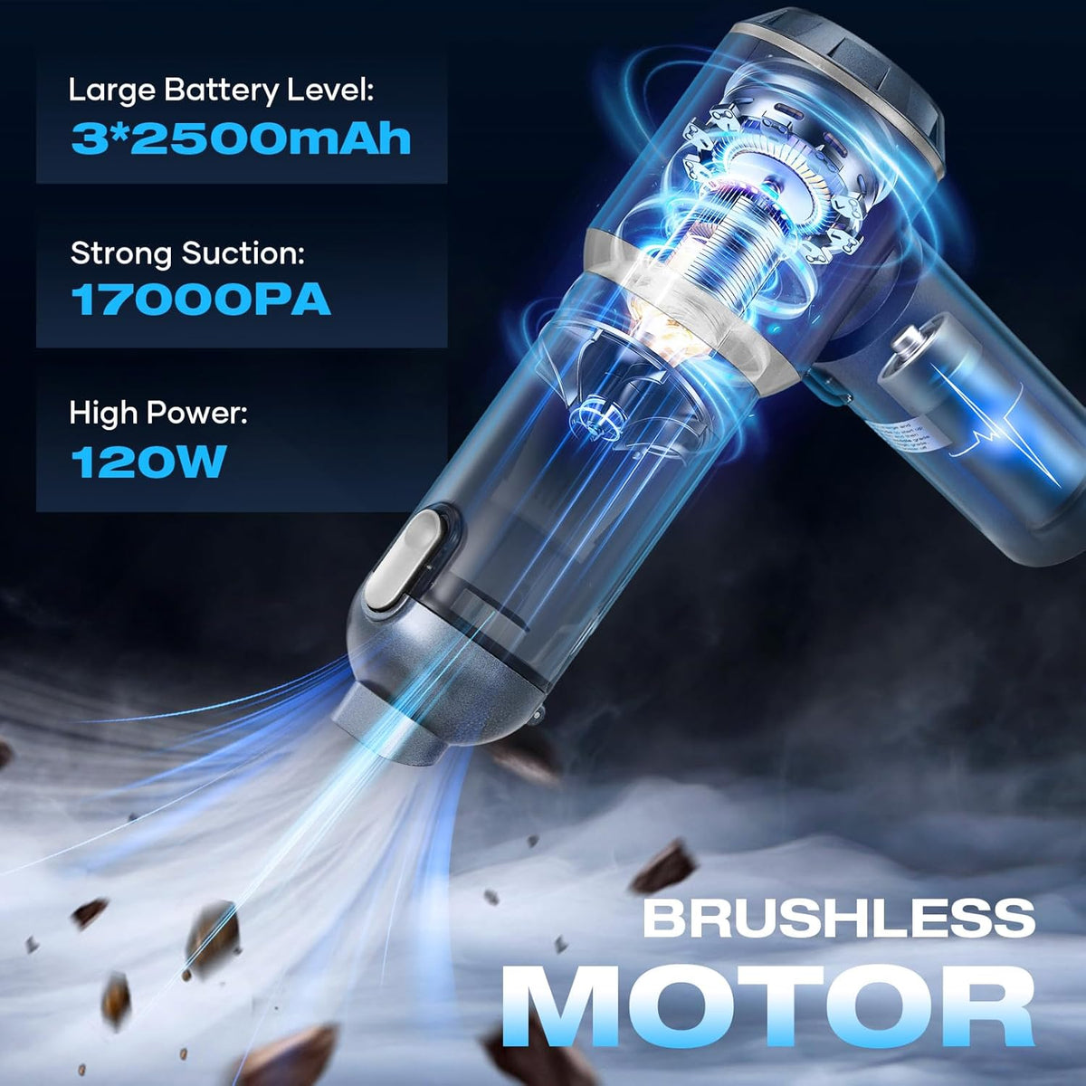 MENDED Handheld Car Vacuum Cleaner Portable Cordless,3 in 1 High Power Hand Vacuum Cordless Rechargeable with One Click Dust Removal for Car,Office and Home Cleaning 15000PA HL127 Silver