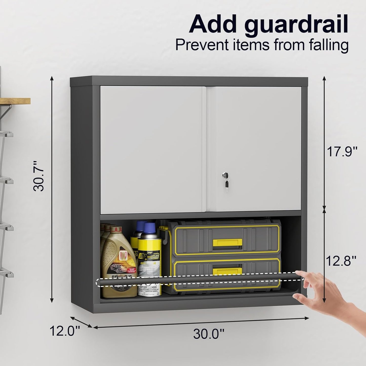 GREATMEET 31" H Locking Metal Garage Storage Cabinet with Doors and Shelves, Lockable Wall Cabinet Storage, Black&Grey Steel Wall Mount Cabinet Hanging Floating for Office Utility Room