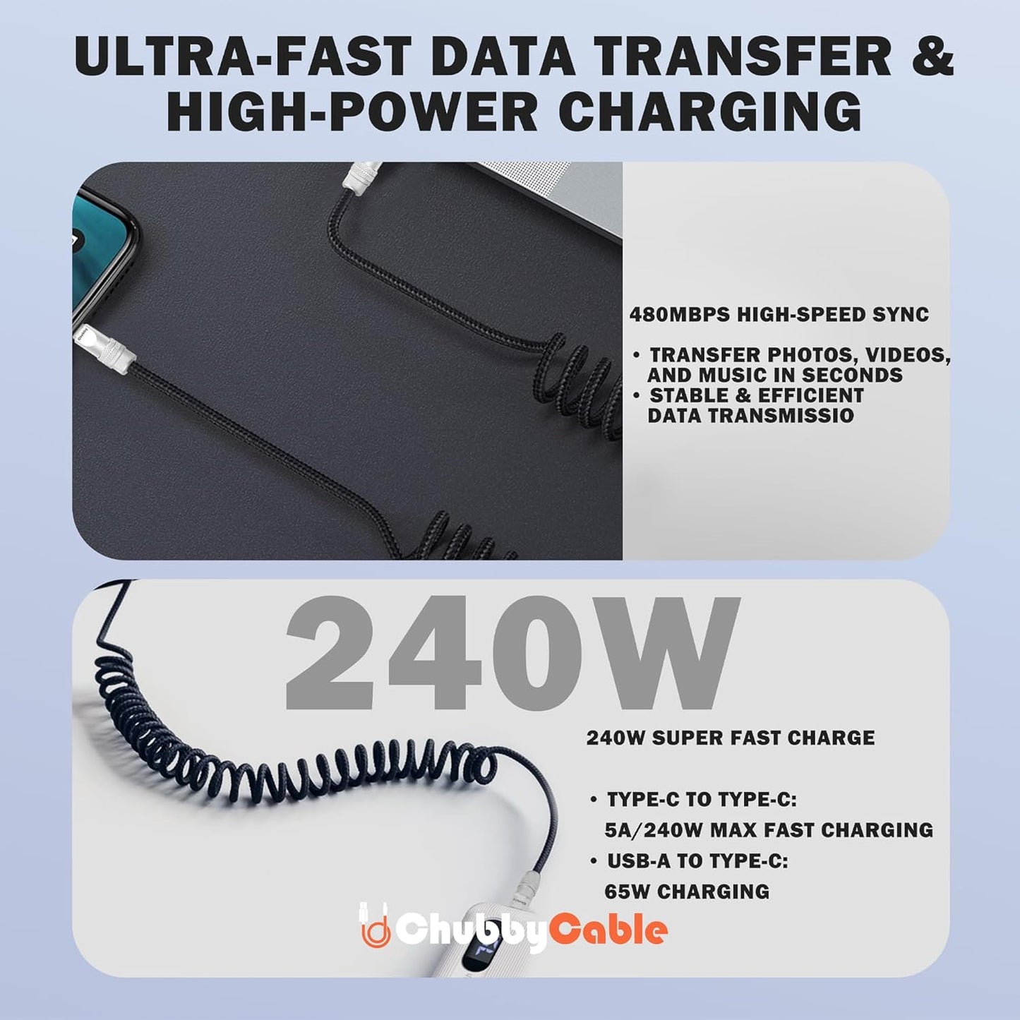 chubbycable Curly Chubby - Retractable Fast Charging Cable 240W Coiled Charger Cord for Car Durable USB-C Cable for Phones, Tablets and More, Orange, USB-A to Type-C, 1.3FT-2.3FT