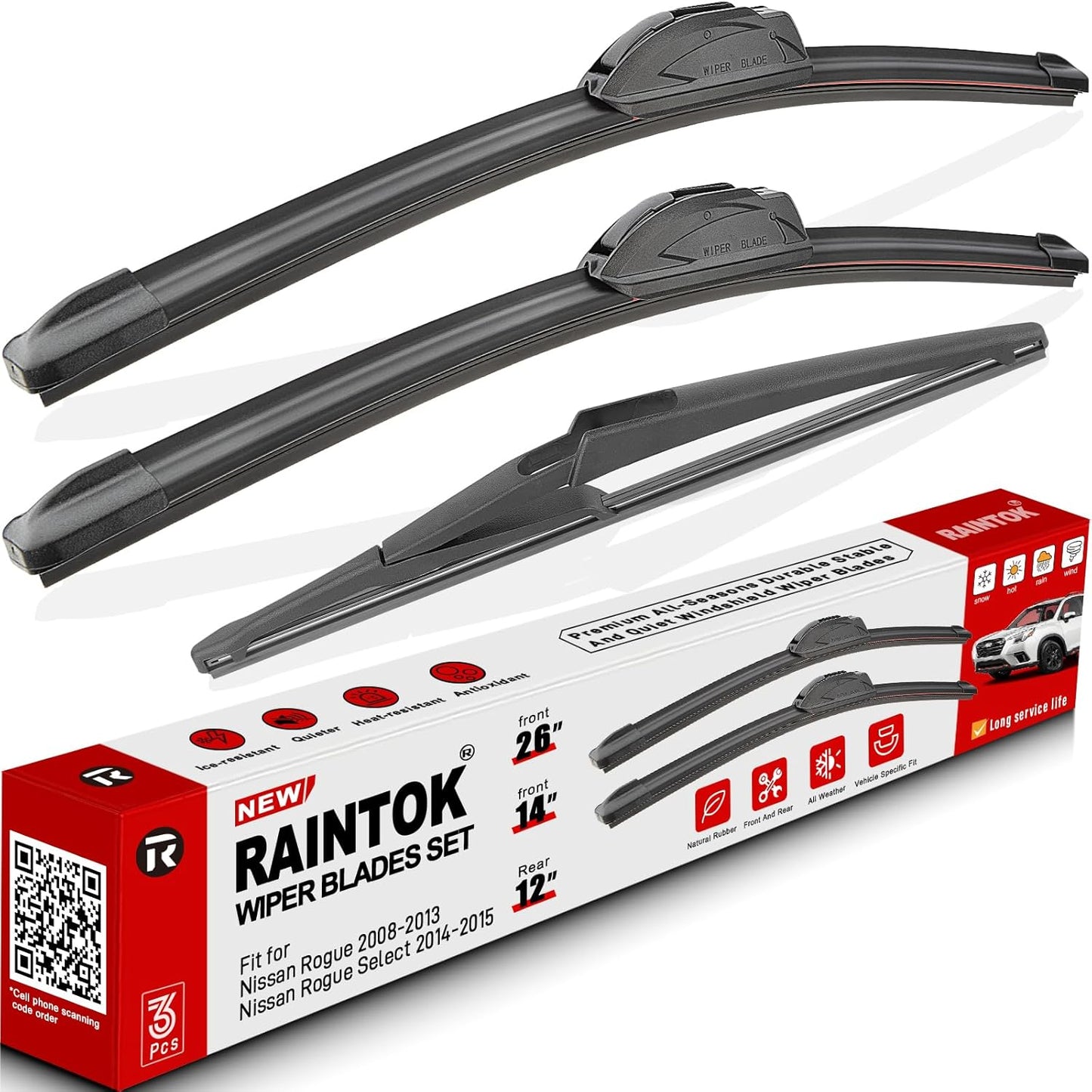 Windshield Wiper Blades Replacement for Nissan Rogue 2008 2009 2010 2011 2012 2013 / Nissan Rogue Select 2014 2015 Original Factory Quality Front Rear Wipers Blade Set - 26" 14" 12"