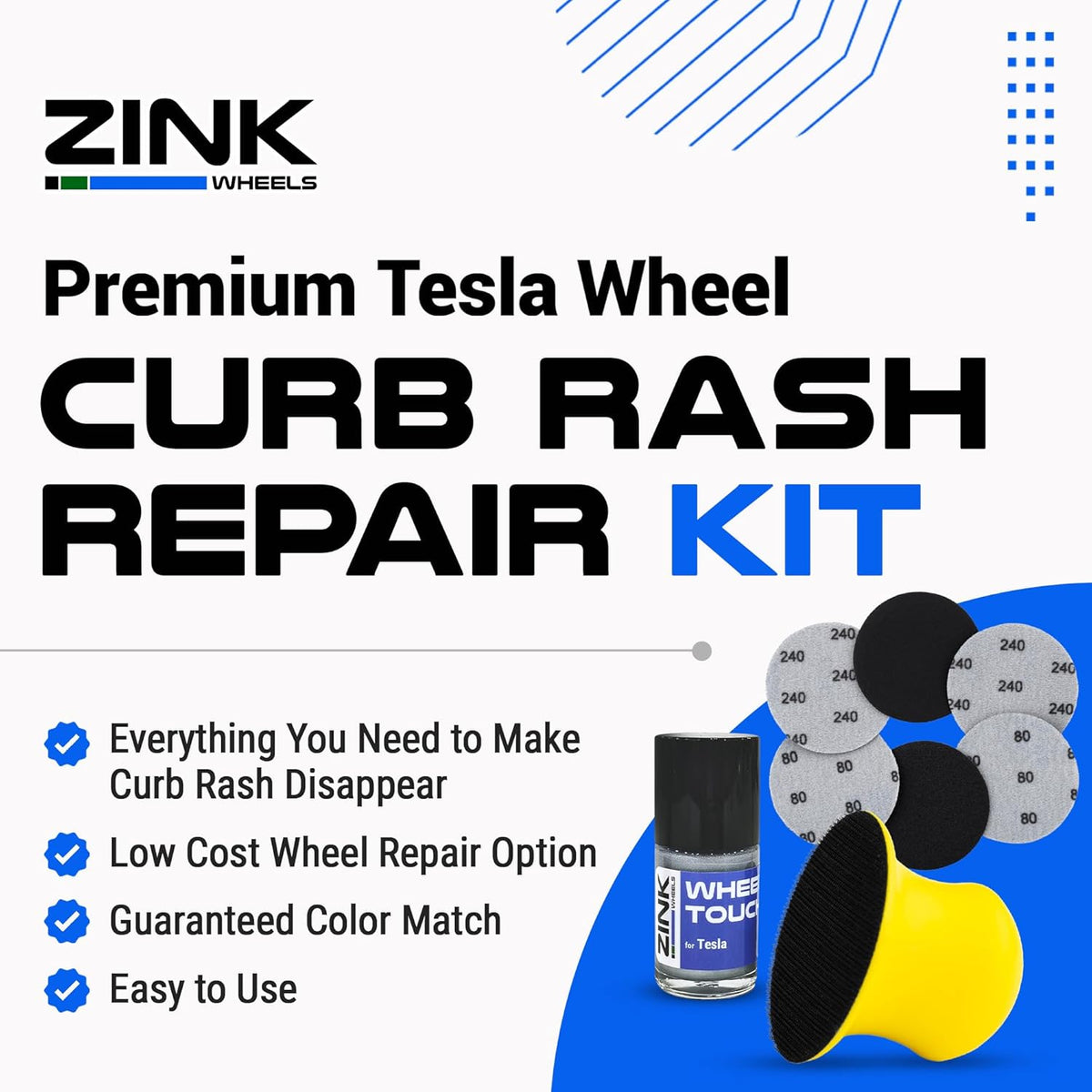 Premium Tesla Wheel Curb Rash Repair Kit for Model S 19-inch Silver Slipstream Rims - DIY Kit with Color-matched Touch Up Paint - Made in USA
