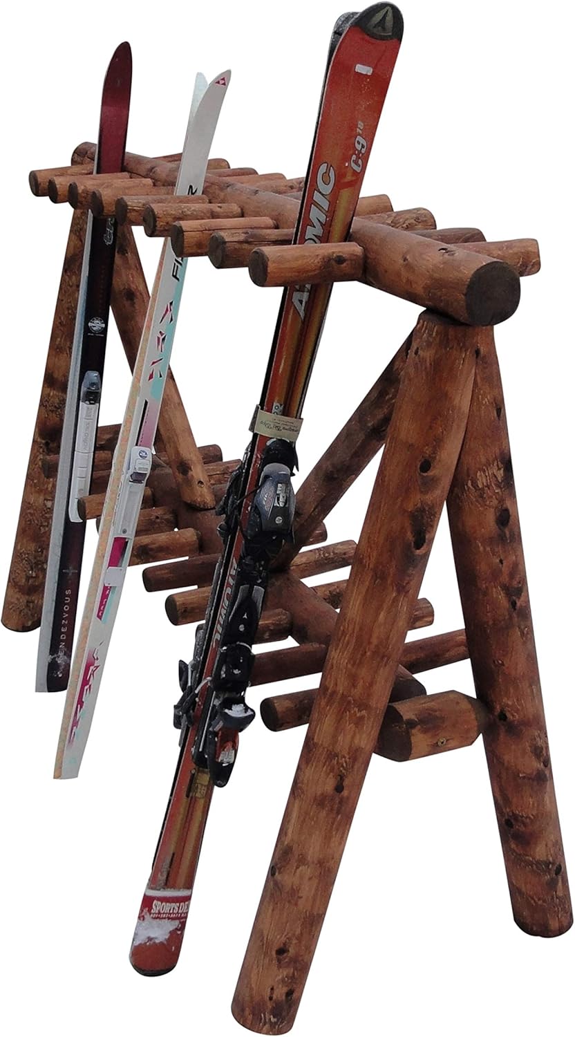 21-Place Freestanding Log Ski Rack Holder, Indoor & Outdoor Snowboard Racks, Standing Storage, Garage Racks for Snow Skis & Poles, Durable Snowboard Rack Garage Storage Organizer - Canyon Brown