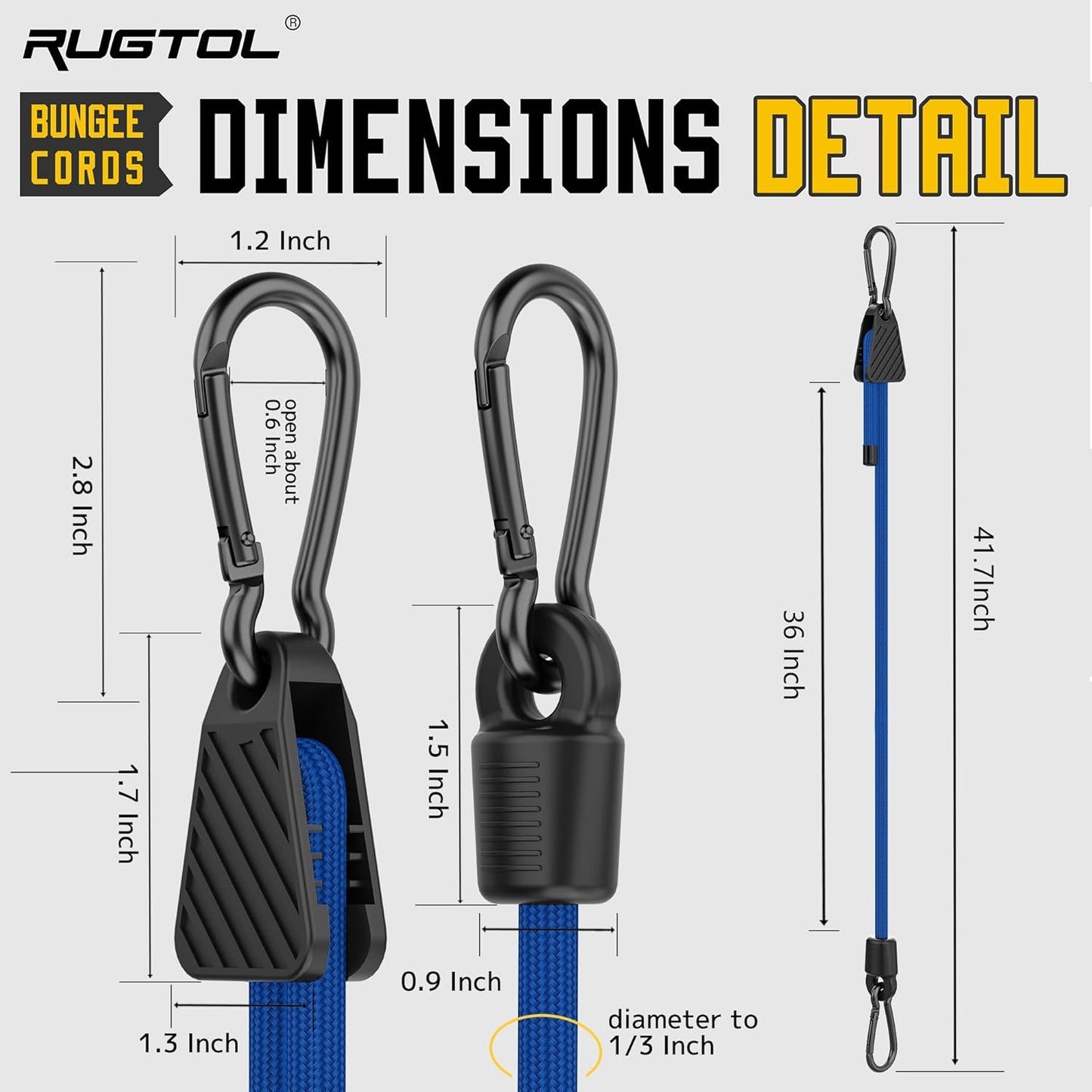 Bungee Cords with Hooks, 36 Inch Blue Adjustable Bungee Cords with Carabiner Heavy Duty Outdoor, Super Elastic Easy to Adjust Bungee Rope UV Resistant for Tarp, Bike Rack, Garden, Moving, 6 Pack