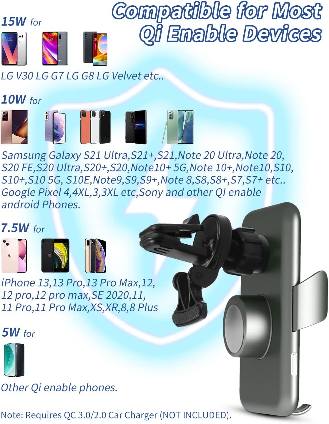 15W Car Mount Charger Qi Fast Wireless Charging Phone Mount, Windshield Dashboard Air Vent Auto Clamping Phone Holder for iPhone 11 12 13 14, 15, 16 Max Xs, Samsung S21 S22, S20, S10+ etc, Google Grey