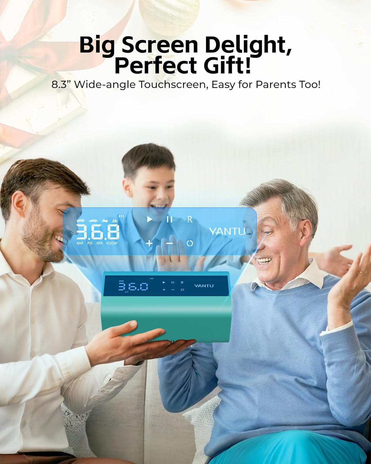 YANTU Cordless Tire Inflator with Dual-Cylinder & 8.3" Large Screen-Portable Air Compressor for Car Tires,12V Rechargeable,Tire Pressure Gauge,Up to 150 psi, Auto/Bicycle/Moto/Truck Use